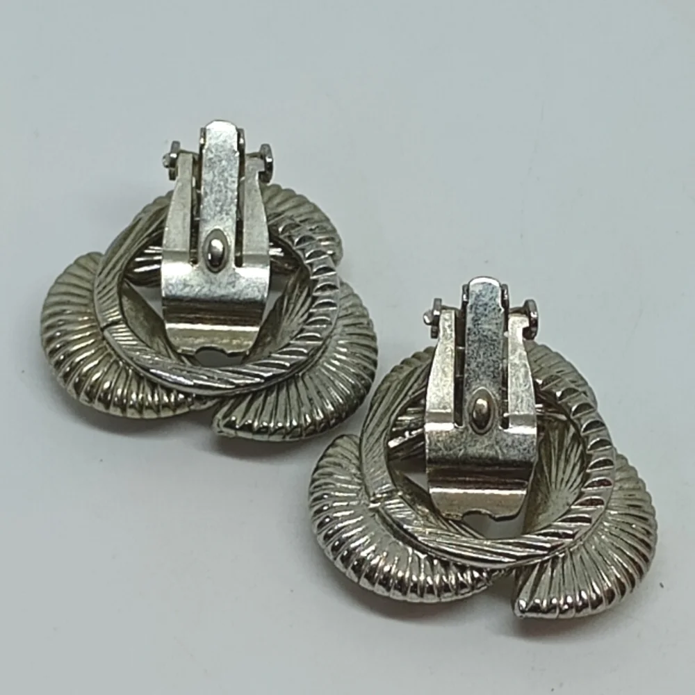 * vintage textured silver tone & rhinestones clip on earrings